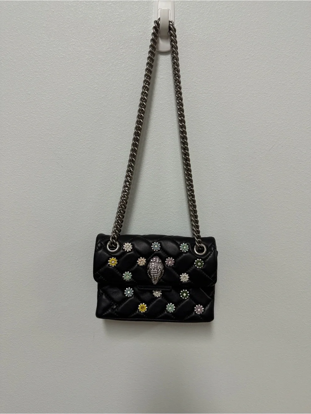 Kurt Geiger London Mini Kensington Black Quilted Bag Multicolor Flower Studs